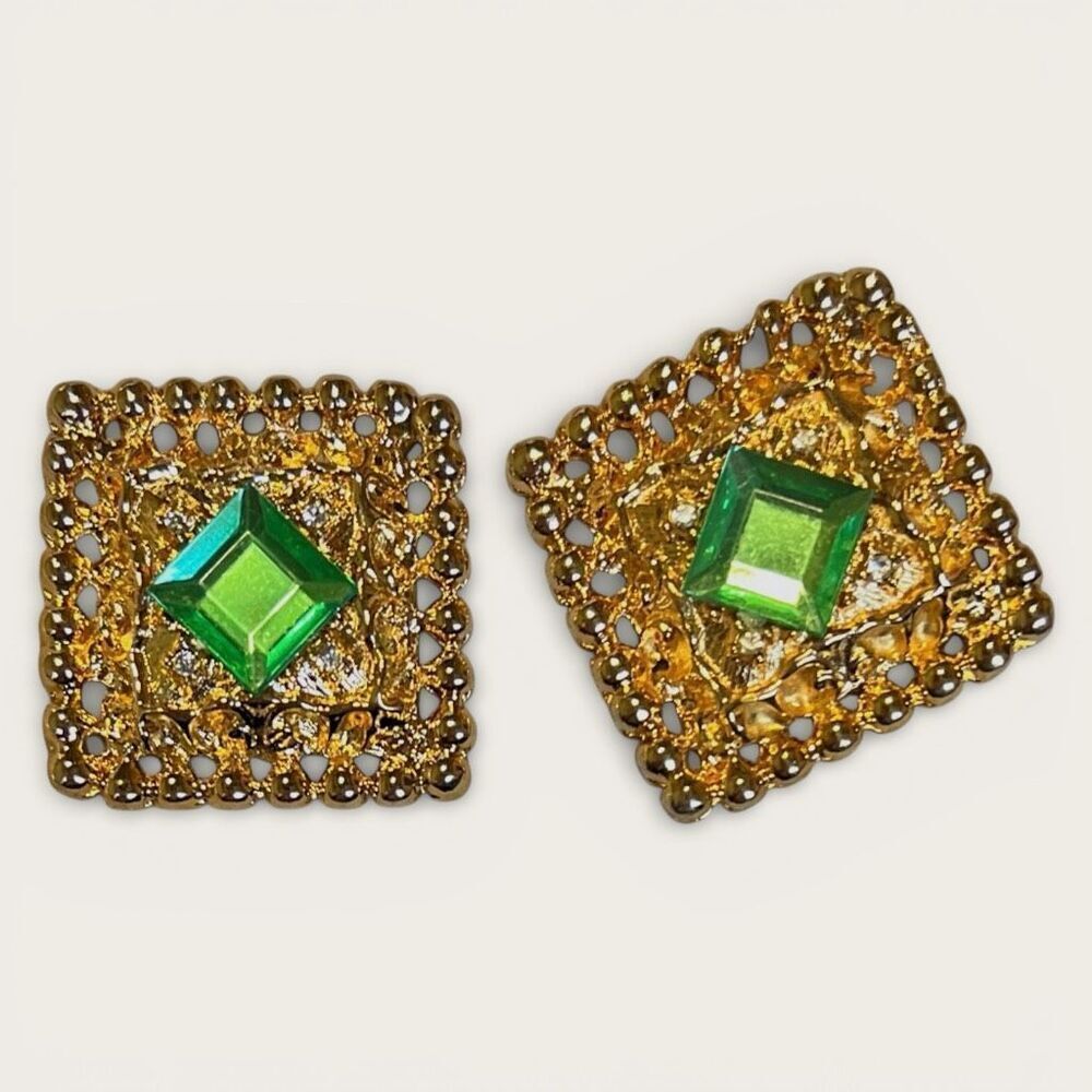 Vintage Gold Tone Square Buttons with Green Glass Centers – 1.75”